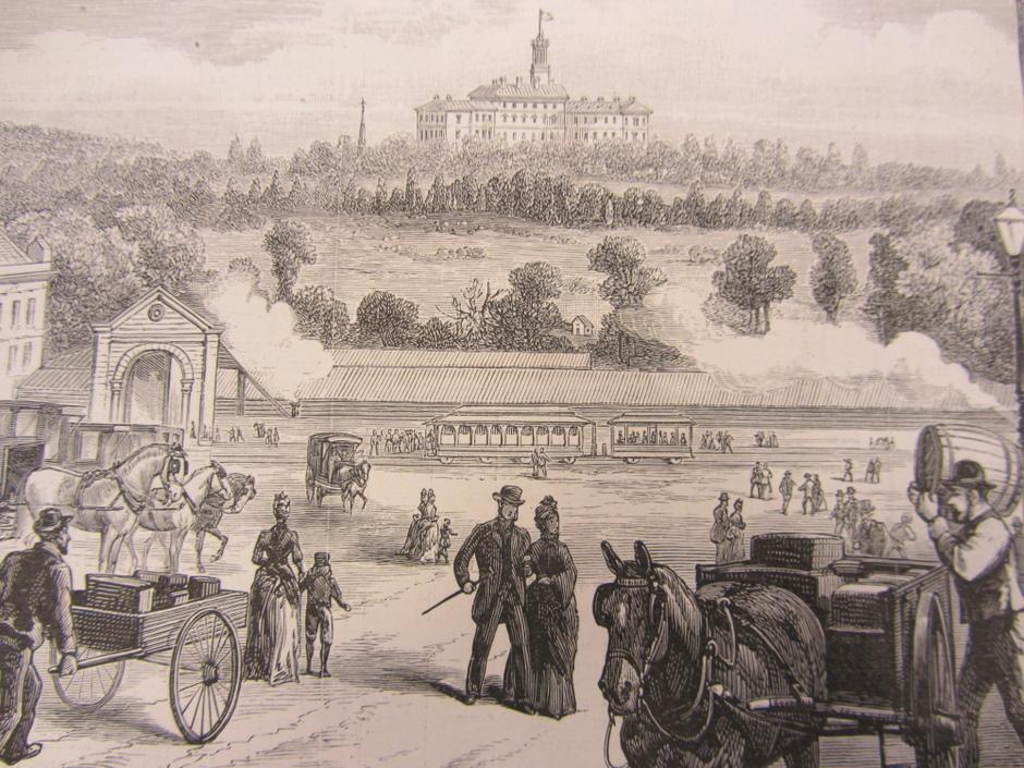 1889 sketch of Government House with horse and carriages in foreground.