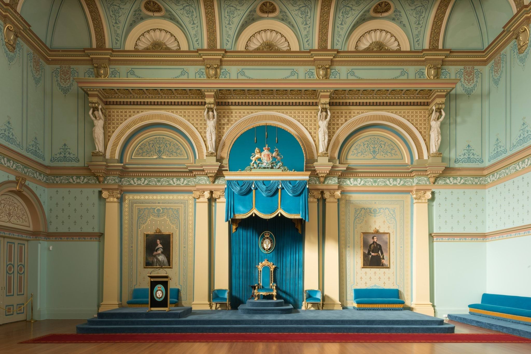State Chair on the dais in the ballroom at Government House