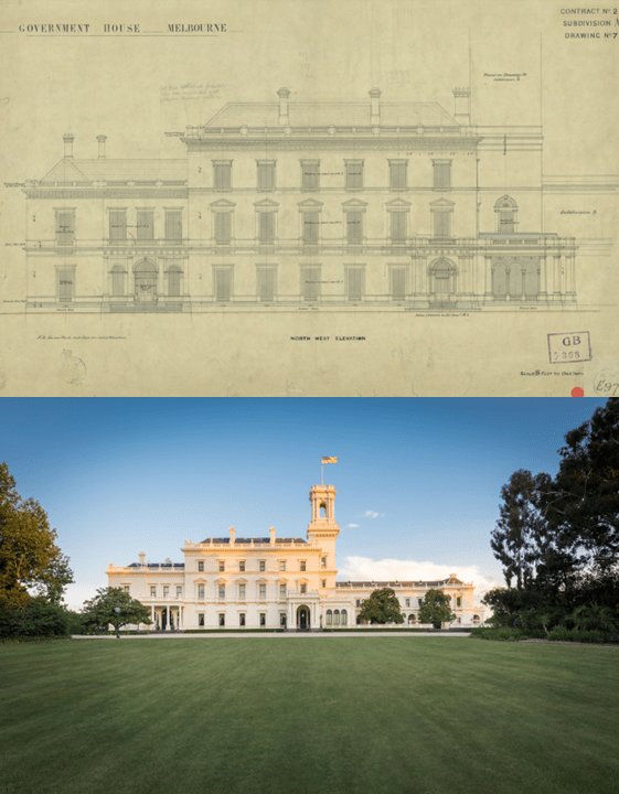 Above: Main Building North West Elevation. Below: Image of North West Elevation of Government House. Photo by Gavin Blue, 2018.