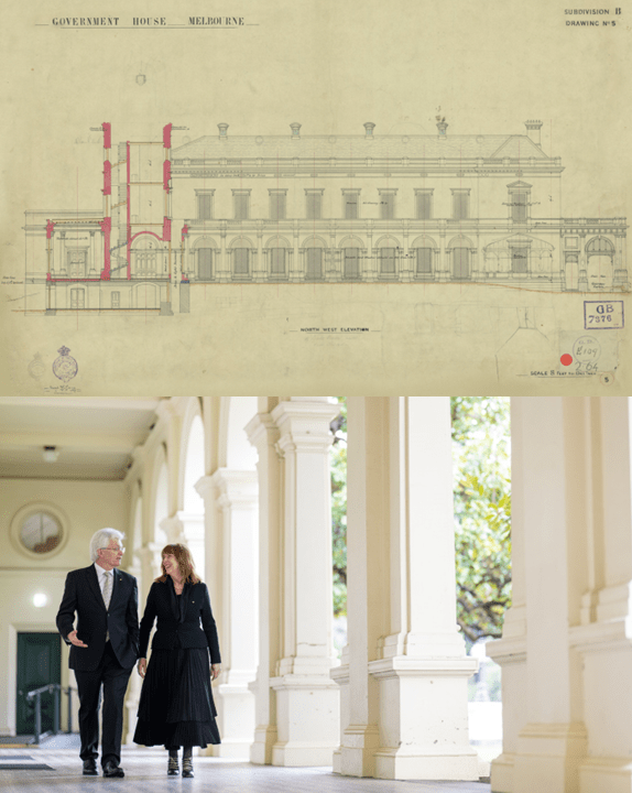 Above: Colonnade North West Elevation. Below: Governor and Professor Davis walk the Colonnade. Photo by Gavin Blue, 2023.