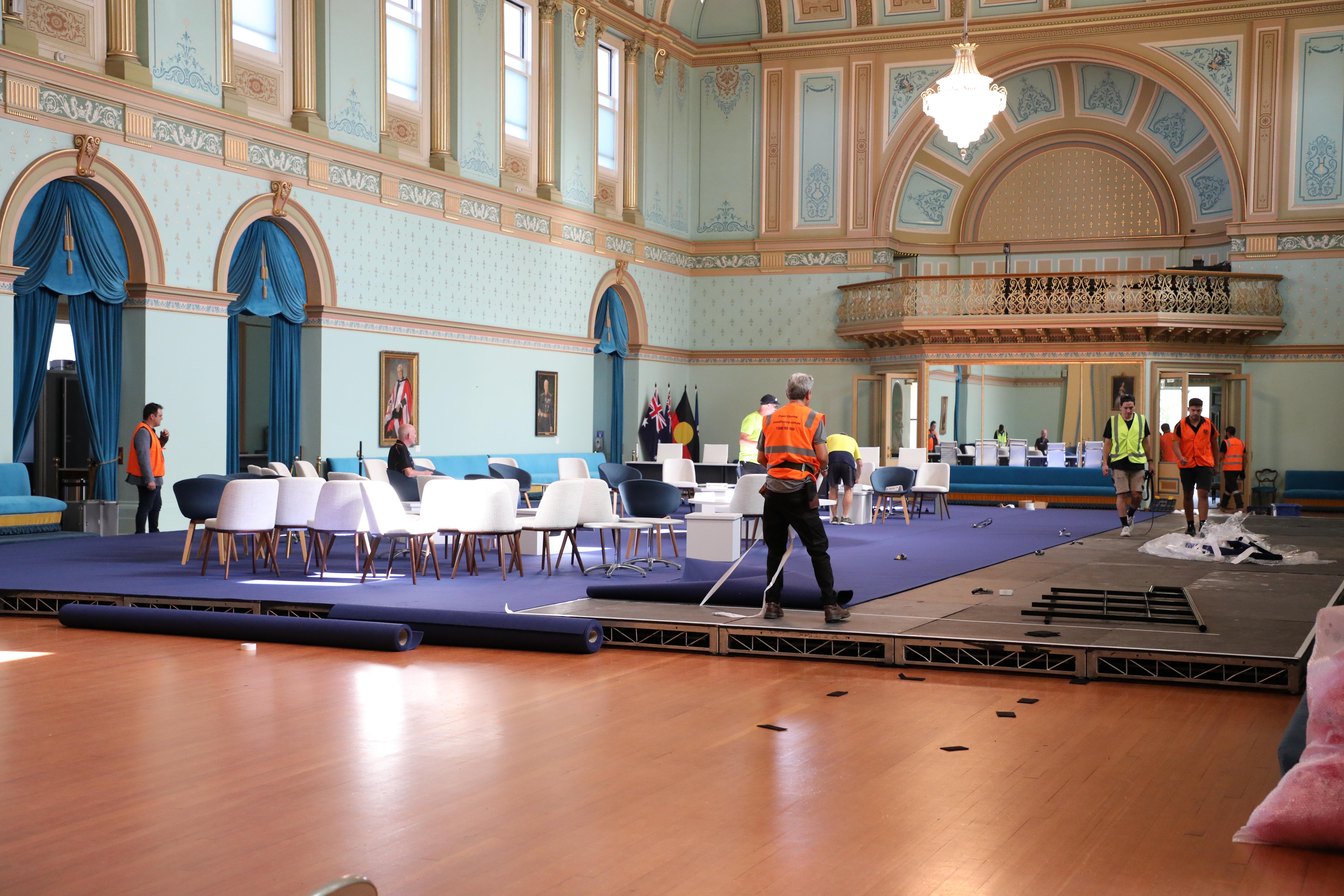 Preparations for the ASEAN Leaders’ Retreat taking place in the Ballroom at Government House.  