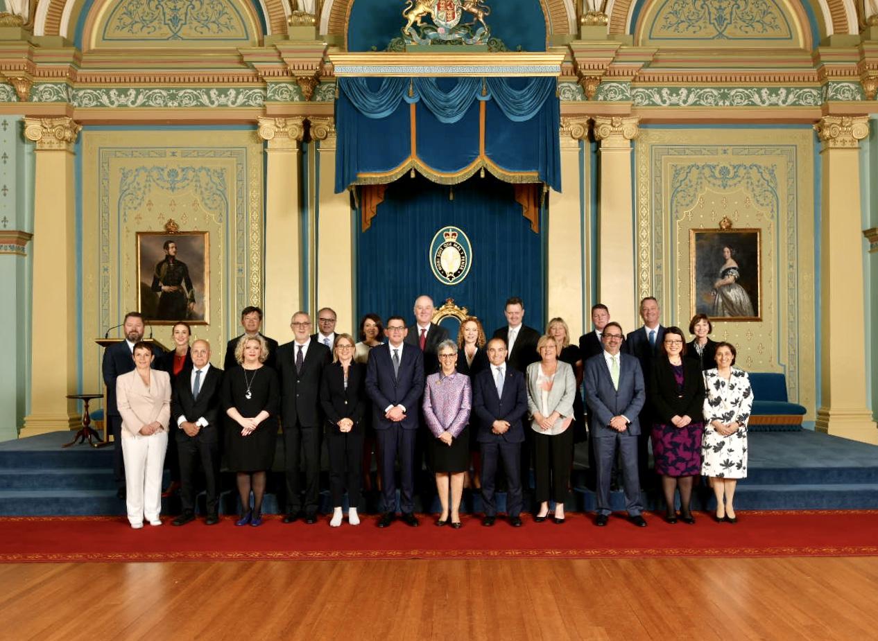 The Hon. Linda Dessau AC, Governor of Victoria, with The Hon. Daniel Andrews MP, Premier of Victoria, and members of the second Andrews Ministry.