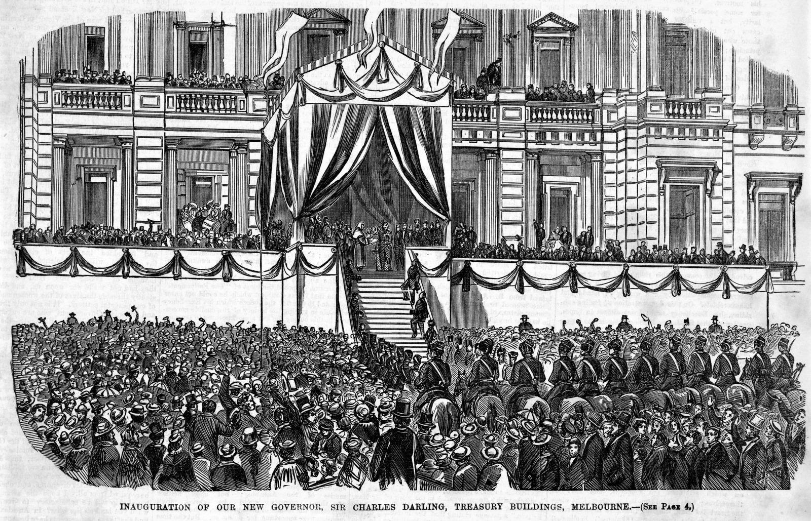 Newspaper print of the Inauguration of Sir Charles Darling as Governor of Victoria at the Treasury Buildings.