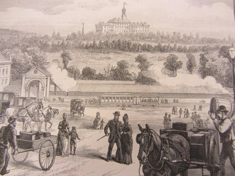Sketch of House from 1889 with horse and carriages in foreground