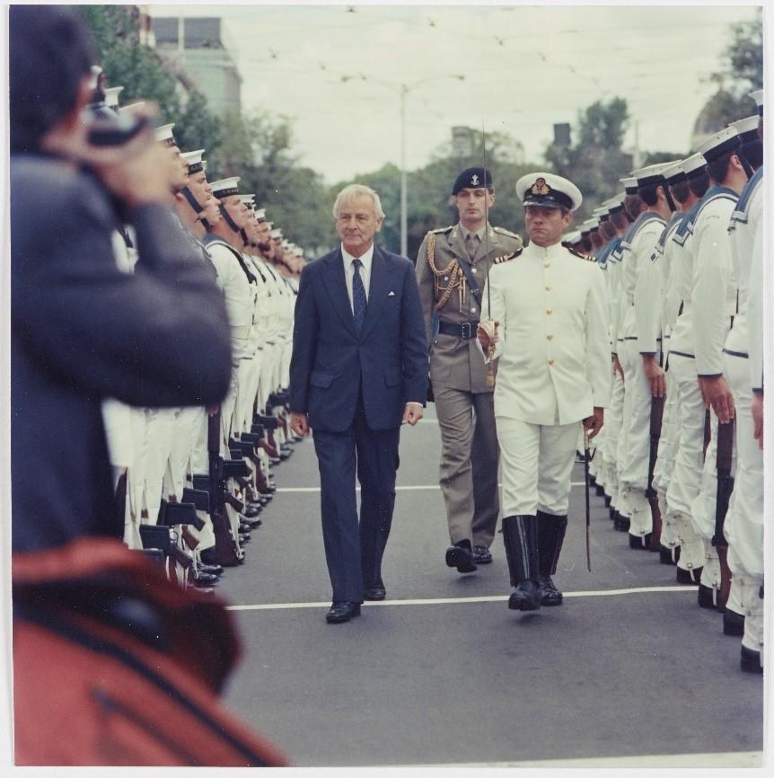 Governor John McCaughey AC inspecting the Guard at his inauguration in 1986.