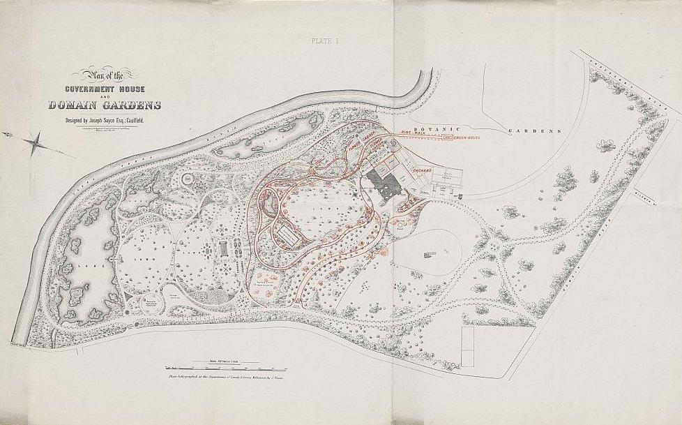 Joseph Sayce's plans for Government House Grounds and the Domain Gardens, with William Guilfoyle's amendments overlaid in red