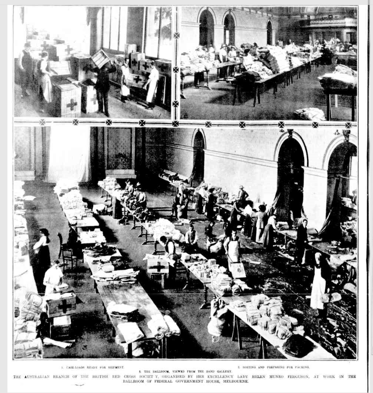 Newspaper images of Red Cross in the Ballroom in 1914