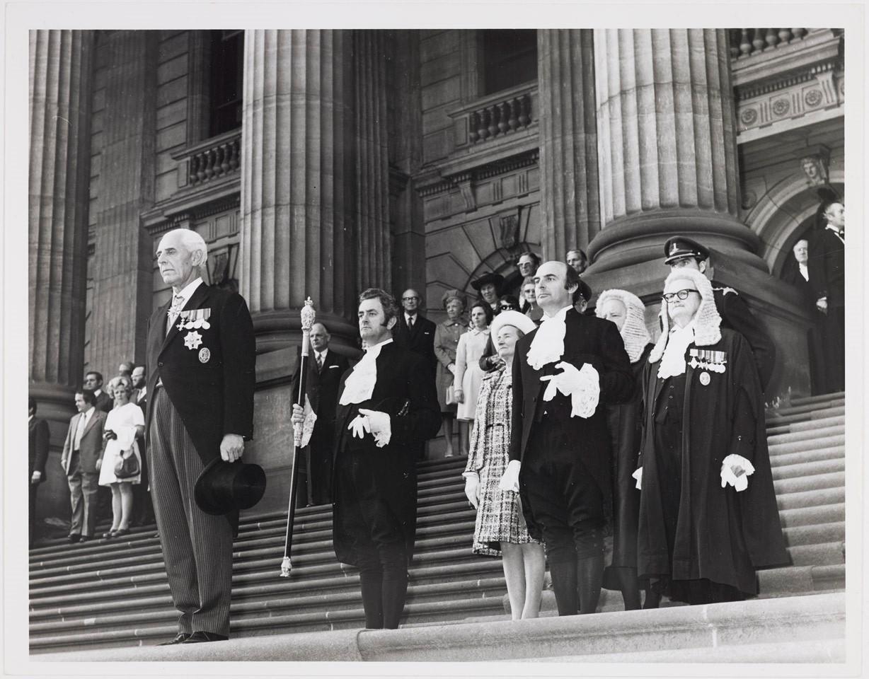 Sir Henry Winneke on the steps of Parliament House at his inauguration ceremony.