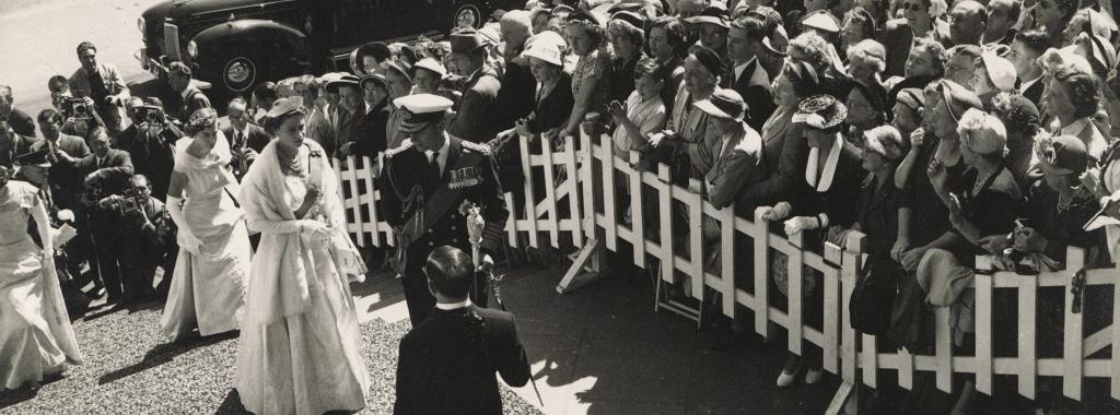 The Queen is greeted by the Usher of the Black Rod to open the Victorian Parliament, 1954 (Image courtesy of Parliament House of Victoria)
